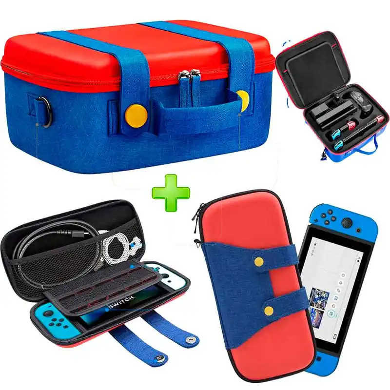 Profesional Pack Maleta para Nintendo Switch y Oled RojoAzul y Estuche Mario RojoAzul