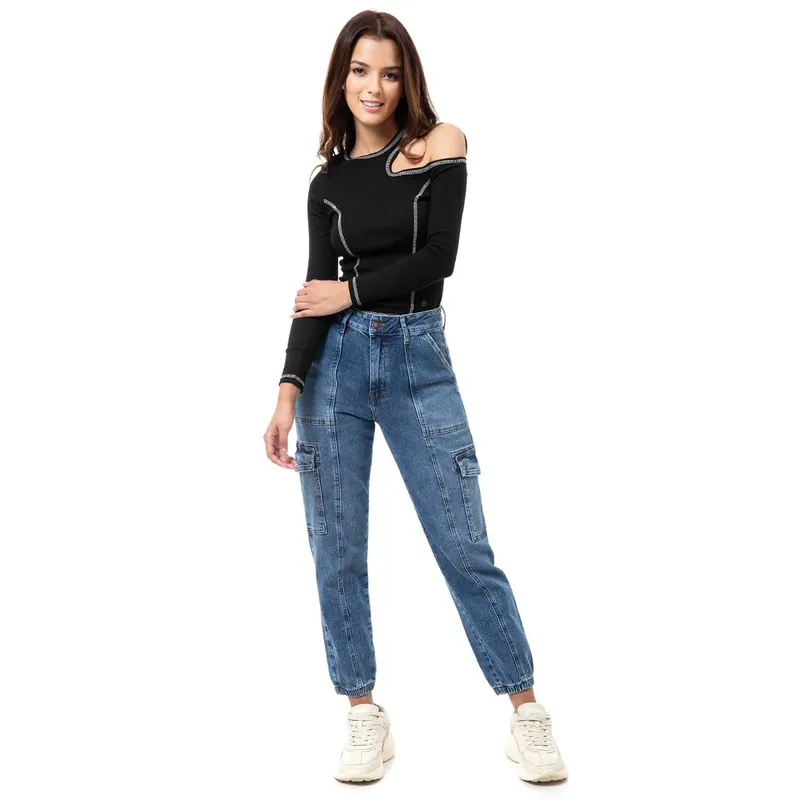 Jogger Cargo Denim Stretch Mujer Etrendy Total Bleach St. 34 Ordenar Ahora Mismo